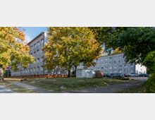 Wohnblöcke mit mehreren Etagen in einfacher Betonbauweise, umgeben von Herbstbäumen und einer Grünfläche; im Vordergrund ein Gehweg und ein Parkplatz mit geparkten Autos.