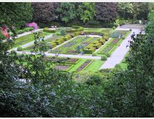 Ein geometrisch angelegter Park mit symmetrischen Beeten, gesäumt von niedrigen Hecken und Gartenwegen. Im Hintergrund sind Bäume sowie Sitzbereiche mit Bänken zu sehen, umgeben von dichter Vegetation.