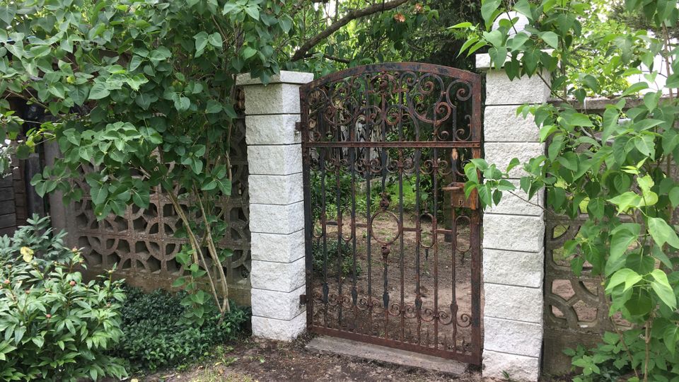 Verrostetes schmiedeeisernes Gartentor mit ornamentalen Mustern zwischen zwei hellen Steinpfeilern, umgeben von dichtem Grün und Bäumen. Dahinter ist ein schmaler Gartenweg und eine niedrige Betonmauer mit dekorativen Aussparungen zu sehen.