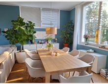 Esszimmer in einem Wohnbereich mit hellblauen Wänden und großen Fenstern, die Tageslicht hereinlassen. Ein großer Holztisch mit mehreren hellen Stühlen steht im Mittelpunkt, umgeben von großen Zimmerpflanzen, einer weißen Kommode und dekorativen Accessoires.