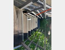 Metalltreppe mit Holzstufen, die von einer erhöhten Plattform nach unten in einen Garten führt. Die Umgebung ist begrünt, und im Hintergrund ist ein Terrassenbereich mit Gartenmöbeln sichtbar.