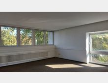 Ein leerer Raum mit Teppichboden, weißen Wänden und großen Fenstern auf zwei Seiten, die Blick auf grüne Außenvegetation bieten. Unter den Fenstern verläuft ein langer weißer Heizkörper.