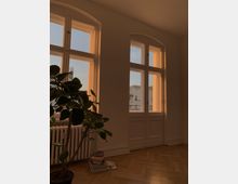 Ein heller Innenraum mit großen, doppelflügeligen Fenstern und einer Balkontür im Altbaustil, durch die warmes Abendlicht fällt. Links unten steht eine Zimmerpflanze neben einem Heizkörper, darunter liegen gestapelte Bücher auf einem Parkettboden.