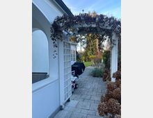 Ein gepflasterter Gartenweg mit einer weißen Pergola, bedeckt von vertrocknetem Pflanzenbewuchs. Links ein Teil eines weißen Gebäudes mit Rundbogenfenstern, im Hintergrund ein gepflegter Garten mit Rasenfläche und Bäumen.