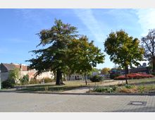 Ein kleiner städtischer Platz mit Bäumen, niedriger Bepflanzung und Gehwegen, umgeben von vereinzelten Gebäuden mit teilweise verblassten Fassaden. Im Vordergrund ist eine gepflasterte Fläche, im Hintergrund blauer Himmel und einzelne Sträucher.