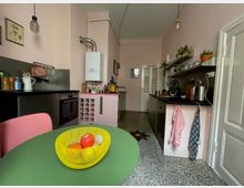 Kleine Küche mit Pastelltönen, einer rosa Wand, dunklen Arbeitsflächen und einem grünen Tisch mit gelbem Obstkorb im Vordergrund. Hängeschränke mit Pflanzen und Geschirr, ein Backofen, eine Gastherme und eine halbgläserne Tür im Hintergrund.