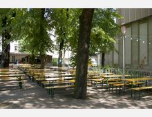 Ein Biergarten mit langen Holzbänken und Tischen, umgeben von Bäumen, die Schatten spenden. Im Hintergrund sind ein Gebäude, eine kleine Holzhütte und Lampions in einer Lichterkette zu sehen.