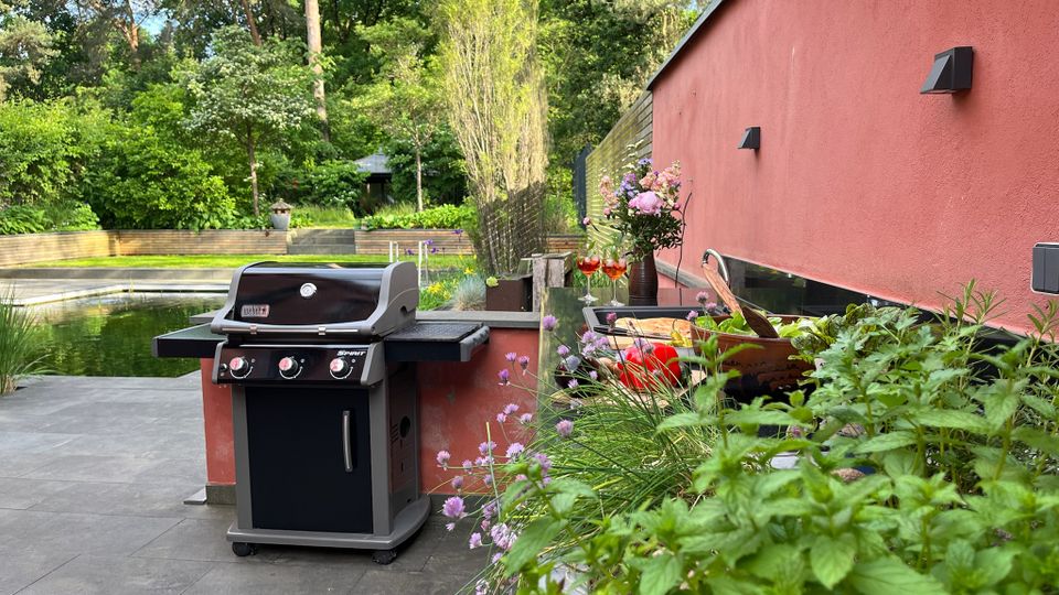 Terrasse eines modernen Wohnhauses mit roter Fassade und grauen Steinplatten, daneben ein Gasgrill und eine Abstellfläche mit Pflanzen. Im Hintergrund liegt ein Naturpool und ein dicht bewachsener Garten mit Bäumen und Sträuchern.