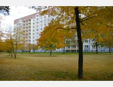 Wohnblock mit mehreren Stockwerken und Balkonen, umgeben von einer Rasenfläche und Bäumen mit herbstlich gefärbtem Laub.