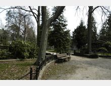 Parkähnlicher Friedhof mit Bäumen, Büschen und Gräbern im Hintergrund. Im Vordergrund stehen eine Bank und ein niedriger, schmiedeeiserner Zaun entlang eines geschwungenen Weges.