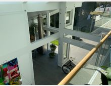 Innenansicht eines modernen Wohnhauses mit großen weißen Fensterrahmen, einer Galerieebene mit Glasgeländer und einem hellen, offenen Grundriss. Im Erdgeschoss stehen ein Fahrrad, Pflanzen und ein Kaminofen; durch die Fenster ist ein Gartenbereich sichtbar.