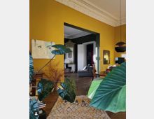 Wohnraum mit gelb gestrichener Wand, verziert mit einem modernen Kunstbild sowie Zierpflanzen im Vordergrund. Im Hintergrund ein Durchgang mit Doppeltür, ein graues Sofa und klassisches Dekor, umgeben von Holzparkettboden und hohen Decken mit Stuckverzierungen.