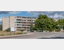 Wohnblock aus Plattenbau mit fünf Etagen, Balkonen und vereinzelten Pflanzen darauf, flankiert von großen Bäumen und einer Bushaltestelle neben einer Straße im Vordergrund.