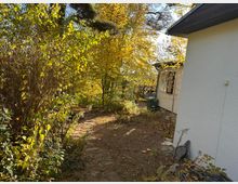 Ein schmaler Gartenweg verläuft entlang eines weiß verputzten Gebäudes auf der rechten Seite, gesäumt von Büschen und Laubbäumen mit gelb gefärbtem Herbstlaub. Im Hintergrund ist eine Holzterrasse sichtbar, und die Umgebung ist von natürlicher Vegetation geprägt.