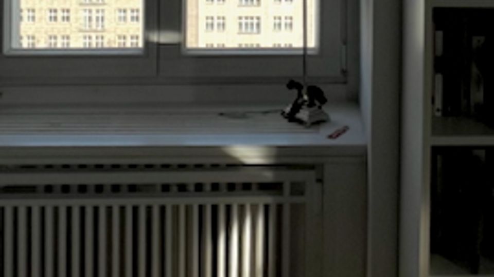 Blick aus einem Innenraum durch ein mehrteiliges Fenster auf benachbarte mehrstöckige Gebäude und einen Turm mit grüner Kuppel. Im Vordergrund sind eine Fensterbank mit kleiner Lampe, ein Heizkörper darunter und ein Bücherregal am rechten Rand zu sehen.