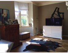 Wohnzimmer mit hellbraunen Wänden und einem großen Fenster mit weißen Rollos, das Tageslicht hereinlässt. Links steht eine antike Kommode mit eingerahmten Fotos, rechts ein weißes TV-Möbel mit einem Flachbildfernseher; auf dem Holzboden liegt ein dunkler Fellteppich.