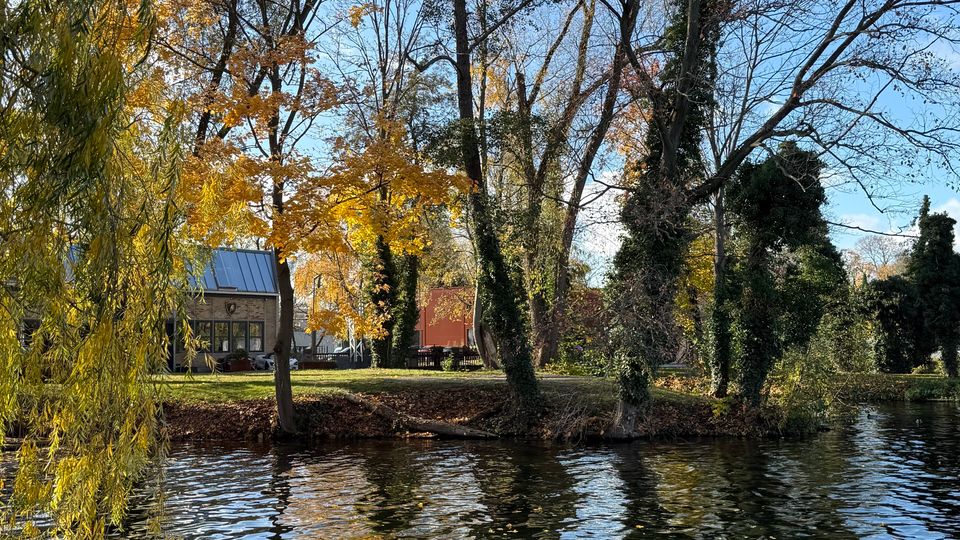 Ufer eines ruhigen Teichs mit spiegelndem Wasser, dahinter eine Grünfläche mit hohen Laub- und Weidenbäumen in herbstlichen Farben. Links steht ein kleines Gebäude mit hellem Giebel und Metalldach zwischen den Bäumen.