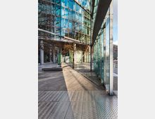 Moderne Außenansicht eines Gebäudekomplexes mit großen Glasfassaden und Metallunterkonstruktion. Im Vordergrund ist ein gepflasterter Bereich mit metallischen Bodenplatten und einigen kahlen Bäumen zu sehen, die lange Schatten werfen.