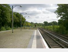 Bahnhof mit gepflasterter Plattform und einem einzelnen Gleis, das durch eine bewaldete Umgebung verläuft. Im Hintergrund sind ein rotes Signallicht, Laternenmasten und dichtes Grün sichtbar.