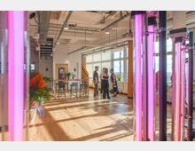 Bright, modern indoor space with wood floors, exposed ceiling pipes, and large windows along one wall letting in sunlight. Tall vertical pink LED grow lights and potted plants frame a high table with stools, giving the room an urban greenhouse or studio feel.