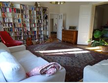 Wohnzimmer mit hellen Wänden, einem großen Teppich in orientalischem Muster, einem weißen Sofa, einem roten Sessel und einer großen Bücherwand. Im Raum stehen eine Holzkommode, eine Zimmerpflanze und eine Gitarre; durch geöffnete Türen fällt Tageslicht herein.