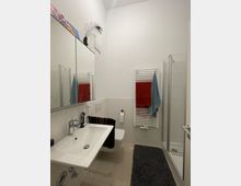 Modernes Badezimmer mit weißer Einrichtung. Ein Waschbecken mit Spiegel, ein wandhängendes WC, ein Handtuchhalter mit roten und blauen Handtüchern sowie eine Duschkabine sind sichtbar; der Boden ist mit beigen Fliesen bedeckt, und ein grauer Teppich liegt vor der Dusche.