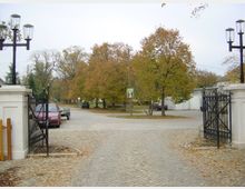 Gepflasterter Weg mit einem offenen schmiedeeisernen Tor, flankiert von weißen Mauern mit Laternen. Im Hintergrund stehen Bäume mit Herbstlaub, parkende Autos und eine ruhige Straße.