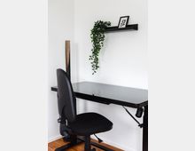 Einfache Arbeitsecke mit einem schwarzen Schreibtisch und einem schwarzen Bürostuhl. Über dem Tisch hängt ein Wandregal mit einer Zimmerpflanze und einem gerahmten Bild; der Boden ist aus Holz.