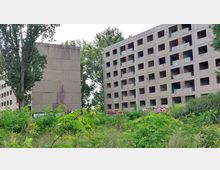 Zwei verlassene Plattenbauten mit quadratischen Fensteröffnungen, teils mit Graffiti bedeckt, stehen inmitten einer überwucherten, grünen Vegetation. Im Hintergrund sind hohe Bäume sichtbar.