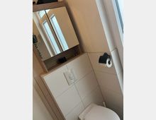 Kleines Badezimmer mit weiß gefliester Wand, einem Hängeschrank mit Spiegeltüren, einem Fenster auf der rechten Seite, einem Wand-Spülkasten mit Drückerplatte und einem Wand-WC. Ein Toilettenpapierhalter ist an der Wand montiert.