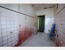 Ein verlassener Raum mit weißen Wandfliesen, die teilweise rote Verfärbungen oder Schäden aufweisen. Der Boden ist mit weißen Fliesen bedeckt, und eine geöffnete Tür führt in einen dunkleren angrenzenden Bereich; die Decke zeigt sichtbare Schäden.