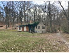 Ein kleines Gebäude mit grauer Fassade, begrüntem Dach und Holzfenstern steht in einer Waldlandschaft. Im Vordergrund befindet sich eine grasbewachsene Fläche, umgeben von kahlen Bäumen; ein schmaler Weg führt seitlich am Gebäude vorbei.