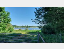 Blick auf eine Wiese mit einem Metalltor im Vordergrund, dahinter ein See, umgeben von Bäumen und Büschen, unter einem klaren blauen Himmel.