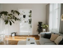 Helles Wohnzimmer mit Holzboden, grauem Sofa und weißem Couchtisch, dekoriert mit mehreren großen Zimmerpflanzen. Im Hintergrund führt eine Türöffnung zu einem weiteren Raum, der minimalistisch gestaltet ist und ebenfalls mit Pflanzen und gerahmten Bildern dekoriert ist.