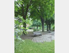 Grüne Parkszene mit schattenspendenden Bäumen, einer Rasenfläche im Vordergrund und einem gepflasterten Weg, an dem mehrere Parkbänke stehen. Im Hintergrund sind ein Zaun und ein Backsteingebäude zu erkennen.