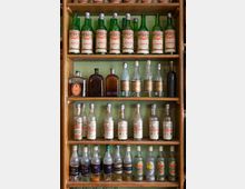 Ein Holzregal zeigt mehrere Reihen von antiken Glasflaschen, darunter grünen Weinflaschen mit „Albariño“-Etiketten und weiteren Flaschen mit verschiedenen Aufschriften und Designs. Der Hintergrund ist hellgrün, und die Flaschen sind in verschiedenen Größen und Formen angeordnet.