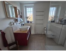 Modernes Badezimmer mit weißen Wänden und beigem Fliesenboden, ausgestattet mit einer roten Waschtischkommode mit ovalem Aufsatzwaschbecken, einem Spiegel mit Holzrahmen, einem Wandheizkörper und einer bodenebenen Glasduschkabine. Zwei Fenster mit Gitterstäben lassen Tageslicht herein, ergänzt durch Pflanzen auf den Fensterbänken.