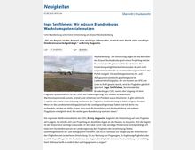 Ein Artikel auf einer Webseite mit dem Titel „Ingo Senftleben: Wir müssen Brandenburgs Wachstumspotenziale nutzen“, begleitet von einem Foto eines Flugzeugs auf einer Landebahn. Der Artikel diskutiert die Entwicklung des Flughafens Neuhardenberg in Brandenburg und dessen Potenzial für die Region.