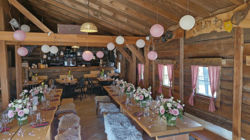 Rustikaler Innenraum einer Holzhütte mit sichtbaren Balken, langen gedeckten Holztischen und Bänken mit Fellauflagen sowie Blumenarrangements in Glasvasen. Papierlaternen hängen von der Decke, und kleine Fenster mit rot karierten Vorhängen säumen die Holzbohlenwände; im Hintergrund ist ein Barbereich zu sehen.