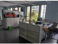 Ein modernes Büro mit mehreren Schreibtischen, Bürostühlen und Computerbildschirmen. Im Raum befinden sich Aktenschränke mit farbigen Ordnern, Zimmerpflanzen und große Fenster, die viel Tageslicht hereinlassen und den Blick auf ein Gebäude mit Bäumen davor bieten.