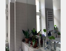 Badezimmer mit weißen Fliesen in kleinem Quadrat-Muster, großer Fensterfront und mehreren grünen Zimmerpflanzen in Töpfen auf dem Waschbeckenrand. Es gibt zudem einen Handtuchheizkörper und mehrere Pflegeprodukte um das Waschbecken.