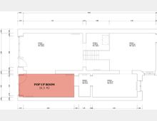 Grundriss eines Gebäudes mit mehreren Räumen, deren Flächenmaße (in Quadratmetern) und Raumhöhen angegeben sind. Ein Raum ist hervorgehoben und als „Pop-Up Room, 19,5 m²“ gekennzeichnet; angrenzend befinden sich Räume mit unterschiedlichen Größen und Zugängen.