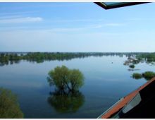 Aussicht auf eine weitläufige Flusslandschaft bei Tageslicht, mit Bäumen und Inseln, die aus dem Wasser ragen, sowie einem roten Dachvorsprung im rechten Vordergrund. Der Himmel ist leicht bewölkt und spiegelt sich im ruhigen Wasser.