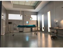Ein steriler Sektionsraum mit einem Metalltisch in der Mitte, bedeckt mit einem grünen Tuch, umgeben von medizinischen Geräten, Arbeitsflächen und Lampen. Die Wände sind grau mit vertikalen Leuchtpaneelen, und ein rechteckiges Oberlicht sorgt für zusätzliches Licht.