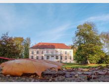 Herrenhaus mit hellbeiger Fassade und rotem Walmdach, umgeben von herbstlichen Bäumen und gefallenen Blättern im Vordergrund. Der Himmel ist klar und blau.
