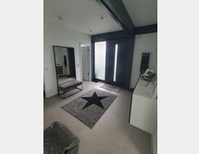 Moderner Eingangsbereich mit grauer Haustür und integrierten Glaseinsätzen, dekoriert mit grauen Teppichen, darunter ein großer Teppich mit schwarzem Stern. Ein rechteckiger Spiegel sowie eine Sitzbank stehen links an der Wand, daneben sind ein heller Boden und eine minimalistische Möblierung zu sehen.