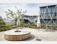 Moderne Dachterrasse mit Sitzgelegenheiten, runden Holzbänken um kleine Bäume und geschlossenen Sonnenschirmen, umgeben von Pflanzenbeeten. Im Hintergrund ein Gebäude mit Glas- und Stahlfassade sowie Außentreppen.