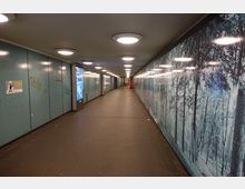 Ein Fußgängertunnel mit glatten, türkisfarbenen Wänden auf der linken Seite, teilweise mit Graffiti bedeckt, und einer Wandgestaltung auf der rechten Seite, die eine Waldszene zeigt. Der Tunnel ist mit runden Deckenleuchten beleuchtet, und in der Mitte befinden sich Werbetafeln.