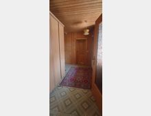 Flur mit Holzverkleidung an Wänden und Decke, einem gemusterten Teppich auf grünlich gemustertem Fliesenboden, einem Holzschrank auf der linken Seite und einer geschlossenen Holztür im Hintergrund. Eine Glastür mit Holzrahmen steht rechts halb offen, und eine hängende Lampe ist an der Decke angebracht.