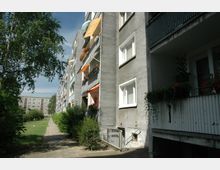 Eine Wohnsiedlung mit mehrstöckigen Mehrfamilienhäusern, grauen Fassaden und Balkonen, die mit Pflanzen und Markisen dekoriert sind. Im Vordergrund verläuft ein gepflasterter Gehweg, flankiert von Rasenflächen, Sträuchern und Bäumen.